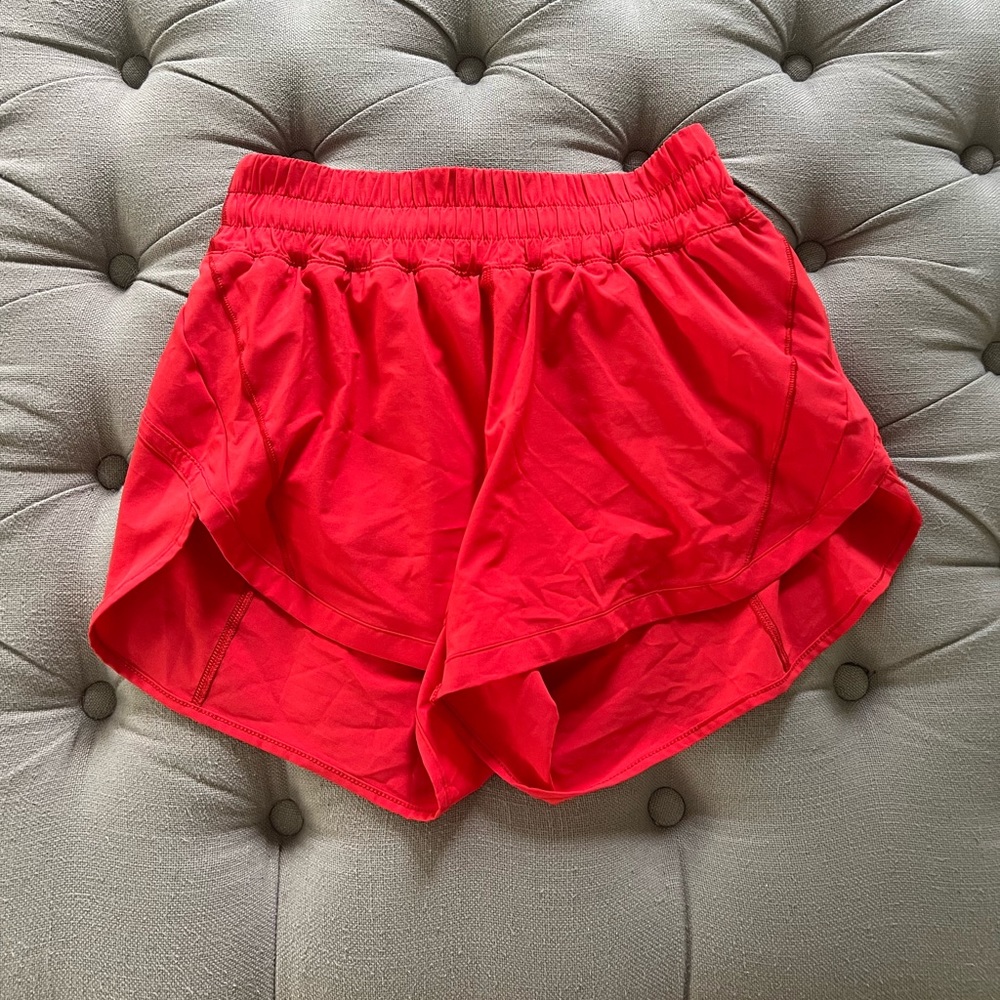 Lululemon red track that high rise lined shorts size 6